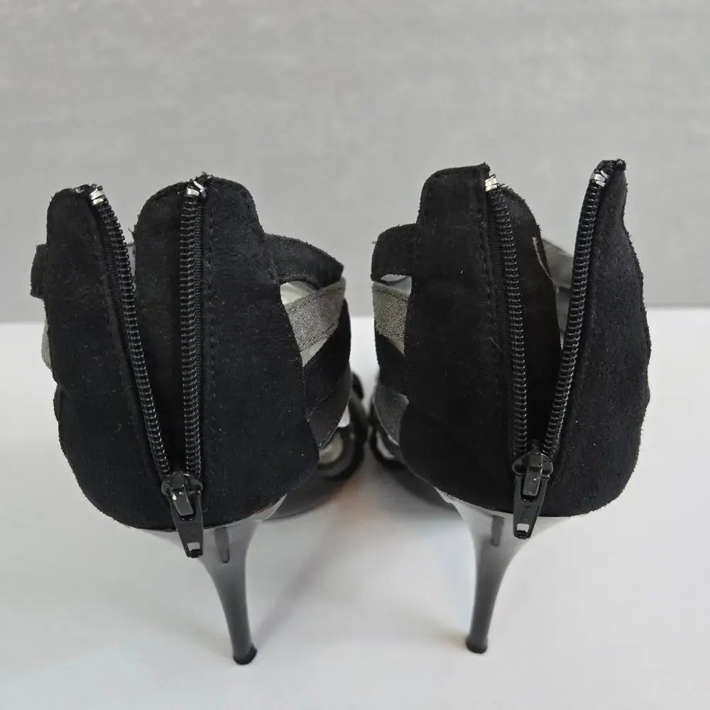 Michael Antonio Suede Black & Gray Multi-Strap Heels with Zipper Back Size 6.5